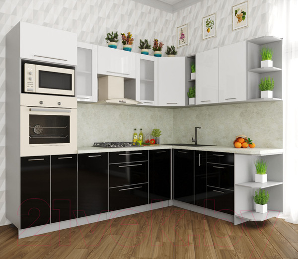 Изображение товара Кухонный гарнитур Интерлиния Мила Пластик 1.88x2.6 правая (черный/белый глянец/опал светлый)