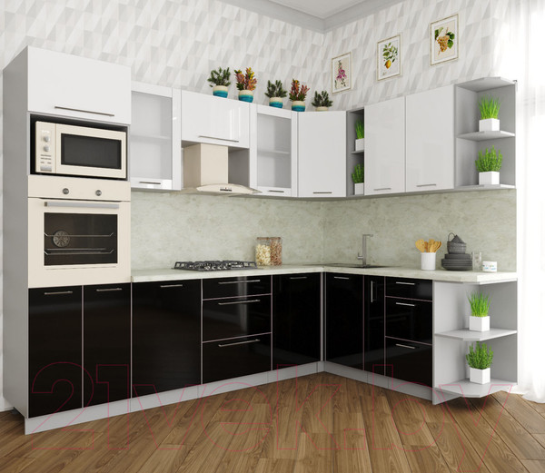 Изображение товара Кухонный гарнитур Интерлиния Мила Пластик 1.88x2.8 правая (черный/белый глянец/опал светлый)