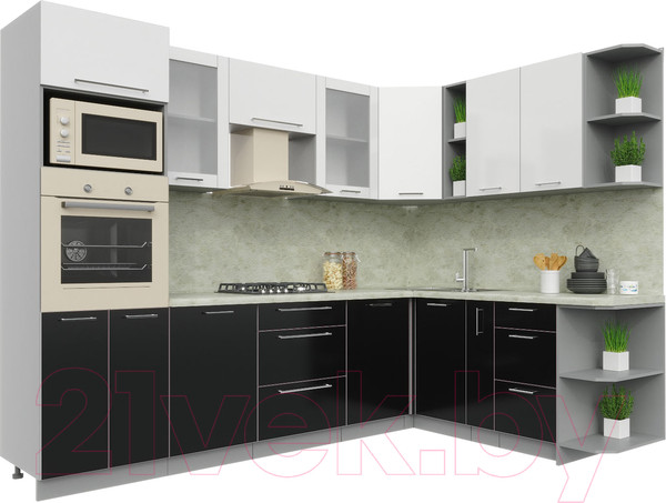 Изображение товара Кухонный гарнитур Интерлиния Мила Пластик 1.88x2.8 правая (черный/белый глянец/опал светлый)