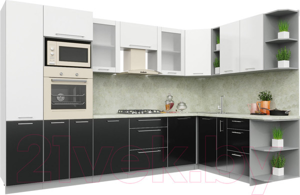 Изображение товара Кухонный гарнитур Интерлиния Мила Пластик 1.88x3.2 правая (черный/белый глянец/опал светлый)