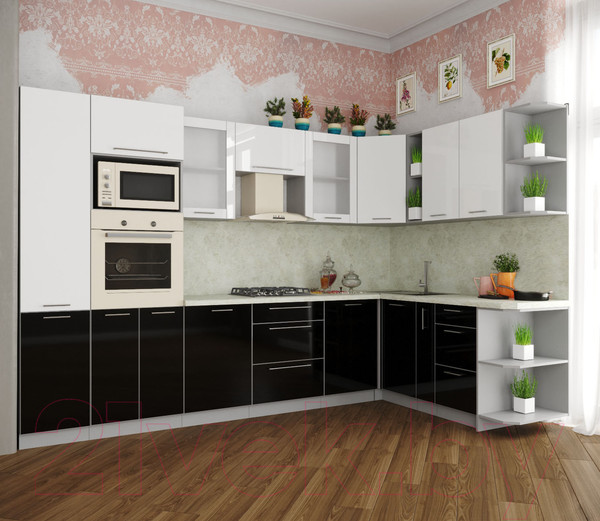 Изображение товара Кухонный гарнитур Интерлиния Мила Пластик 1.88x3.2 правая (черный/белый глянец/опал светлый)