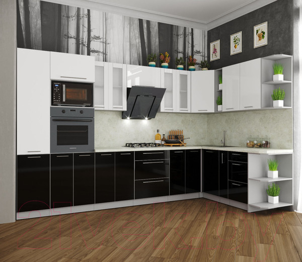 Изображение товара Кухонный гарнитур Интерлиния Мила Пластик 1.88x3.4 правая (черный/белый глянец/опал светлый)