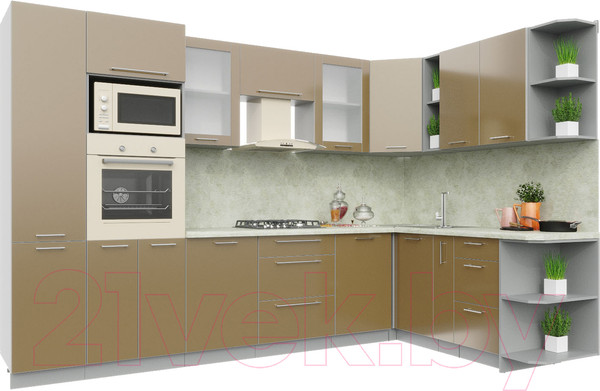 Изображение товара Кухонный гарнитур Интерлиния Мила Пластик 1.88x3.2 правая (капучино/капучино глянец/опал светлый)