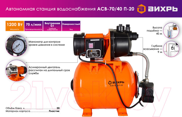 Изображение товара Насосная станция Вихрь АСВ-70/40 П-20 (68/1/16)