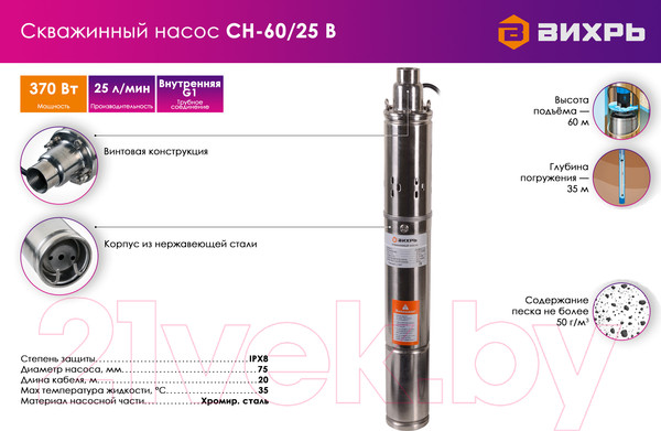 Изображение товара Скважинный насос Вихрь СН-60/25 В (68/3/14)