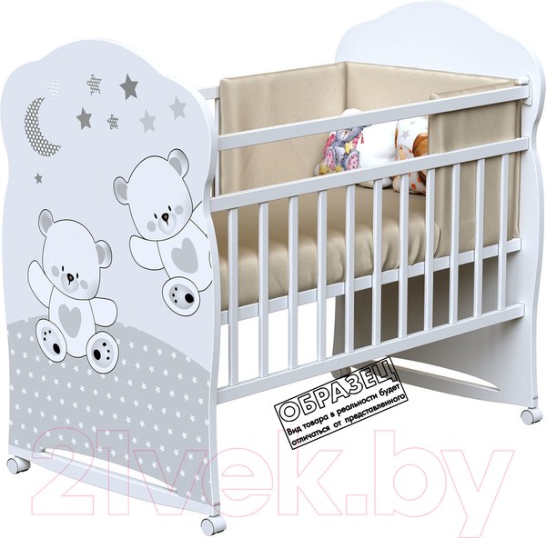 Изображение товара Детская кроватка VDK Funny Bears колесо-качалка и ящик (белый)