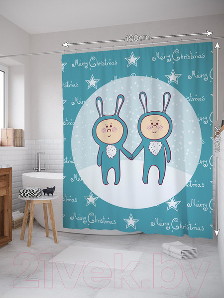 Изображение товара Шторка-занавеска для ванны JoyArty Новогодние братишки-зайчишки / sc_78082