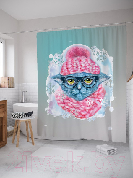 Изображение товара Шторка-занавеска для ванны JoyArty Зимняя прогулка кошечки / sc_290628
