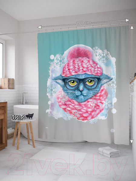 Изображение товара Шторка-занавеска для ванны JoyArty Зимняя прогулка кошечки / sc_290628