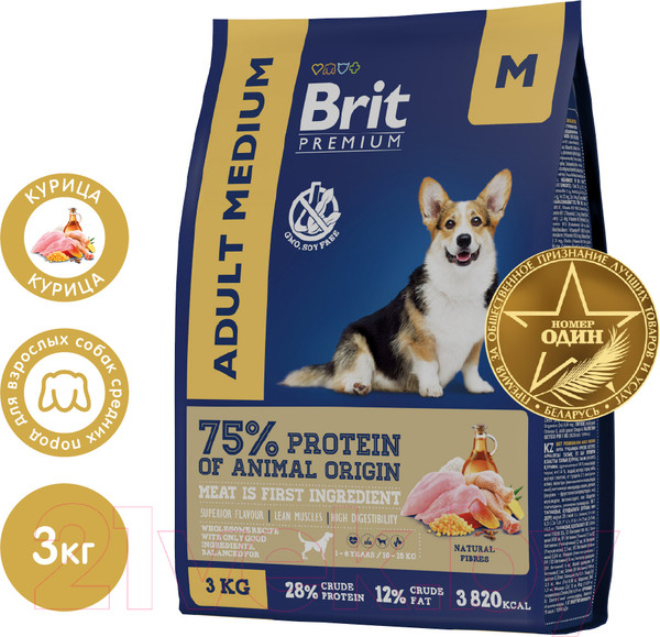 Изображение товара Сухой корм для собак Brit Premium Dog Adult Medium с курицей / 5049950 (3кг)