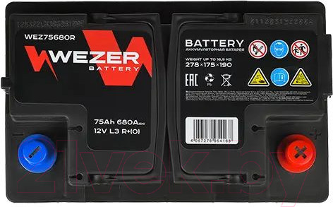 Изображение товара Автомобильный аккумулятор Wezer 680A R+ / WEZ75680R (75 А/ч)