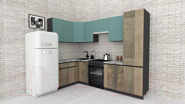 Изображение товара Кухонный гарнитур ВерсоМебель Эко-7 1.4x2.6 левая (сумеречный голубой/дуб гранж песочный/ст.альберика)