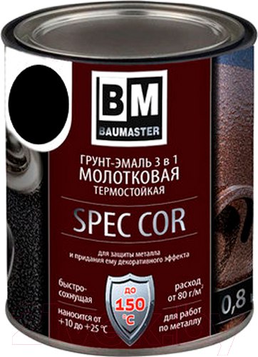 Изображение товара Грунт-эмаль BauMaster СпецКор с молотковым эффектом (800г, черный)