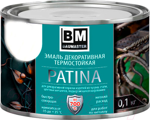 Изображение товара Эмаль BauMaster СпецКор-патина термостойкая до 700°С (100г, серебристый)