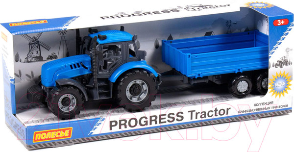 Изображение товара Трактор игрушечный Полесье Прогресс с бортовым прицепом / 91253 (инерционный, синий)
