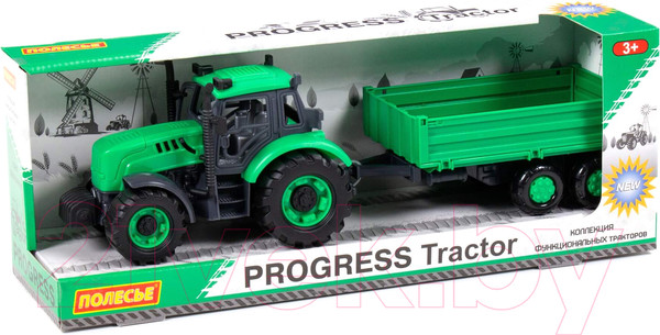 Изображение товара Трактор игрушечный Полесье Прогресс с бортовым прицепом / 91260 (зеленый)