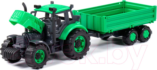 Изображение товара Трактор игрушечный Полесье Прогресс с бортовым прицепом / 91260 (зеленый)