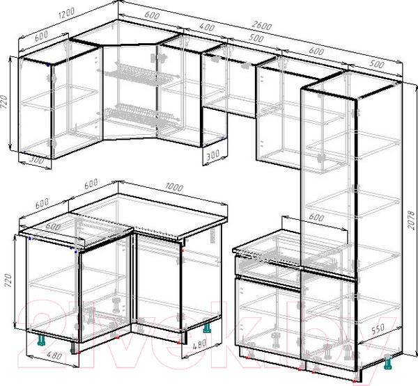 Изображение товара Кухонный гарнитур ВерсоМебель Эко-7 1.2x2.6 левая (красный чили/антрацит/ст.луна)