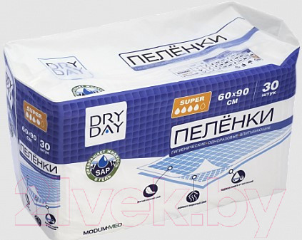 Изображение товара Набор пеленок одноразовых впитывающих Modum Dry Day Super 60x90 (30шт)