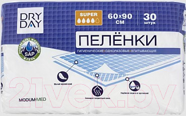 Набор пеленок одноразовых впитывающих Modum Dry Day Super 60x90 (30шт)