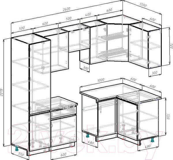 Изображение товара Кухонный гарнитур ВерсоМебель Эко-7 1.2x2.6 правая (сумеречный голубой/дуб гранж песочный/ст.альберика)