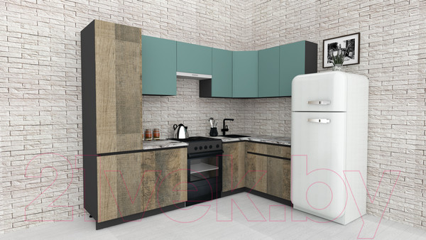 Изображение товара Кухонный гарнитур ВерсоМебель Эко-7 1.4x2.6 правая (сумеречный голубой/дуб гранж песочный/ст.альберика)