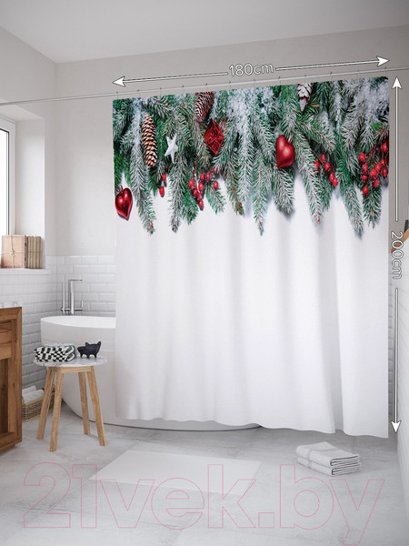 Изображение товара Шторка-занавеска для ванны JoyArty Еловая ветка с игрушками / sc_20311