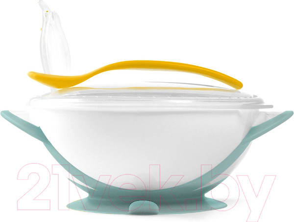 Изображение товара Набор посуды для кормления BabyOno Миска с присоской и ложкой 6м+ / 1063 (серый/зеленый)