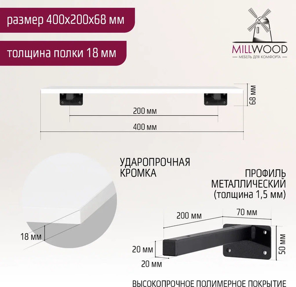 Изображение товара Полка Millwood Настенная с кронштейном 40x20 (белый/черный)
