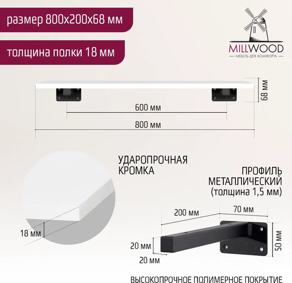Изображение товара Полка Millwood Настенная с кронштейном 80x20 (белый/черный)