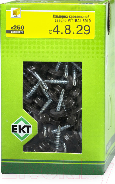 Изображение товара Саморез ЕКТ кровельный с резиновой прокладкой 4.8х29 сверло PT1 / BW000079 (250шт, RAL 8019)
