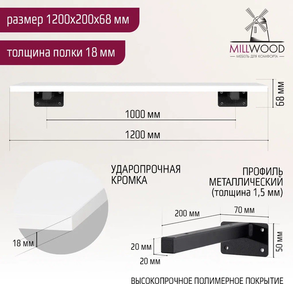 Изображение товара Полка Millwood Настенная с кронштейном 120x20 (белый/черный)