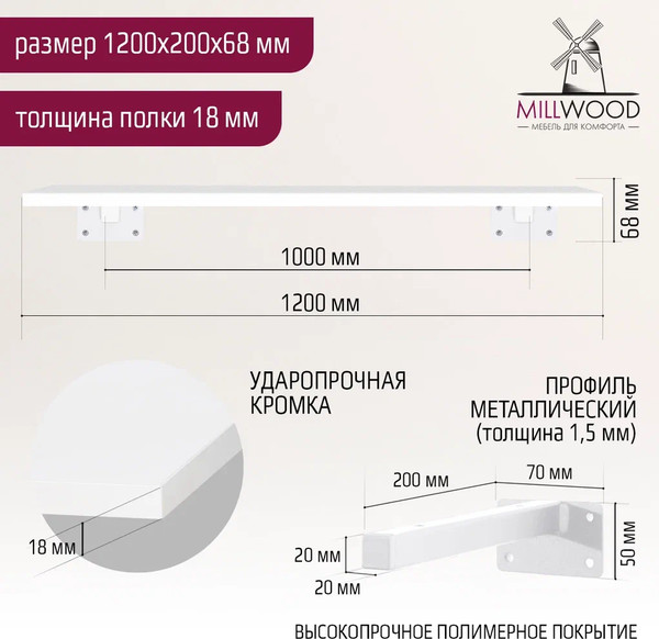 Изображение товара Полка Millwood Настенная с кронштейном 120x20 (белый/белый)