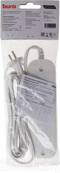 Изображение товара Сетевой фильтр Buro BU-PSL4.5/W (5м, 4 розетки, белый)