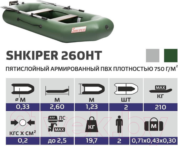 Изображение товара Надувная лодка Тонар Шкипер 260НТ / 7028570 (зеленый)