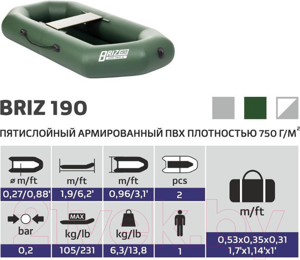 Изображение товара Надувная лодка Тонар Бриз 190 с гребками / 4897001 (зеленый)