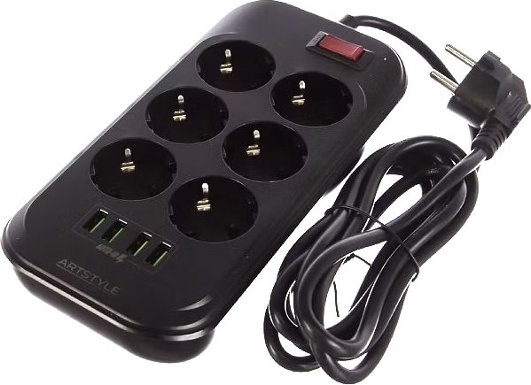 Изображение товара Сетевой фильтр ArtStyle CL-6403B (черный, умная зарядка, 220V, 2200W, 6 розетки, 4 usb-портов)