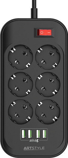 Изображение товара Сетевой фильтр ArtStyle CL-6403B (черный, умная зарядка, 220V, 2200W, 6 розетки, 4 usb-портов)