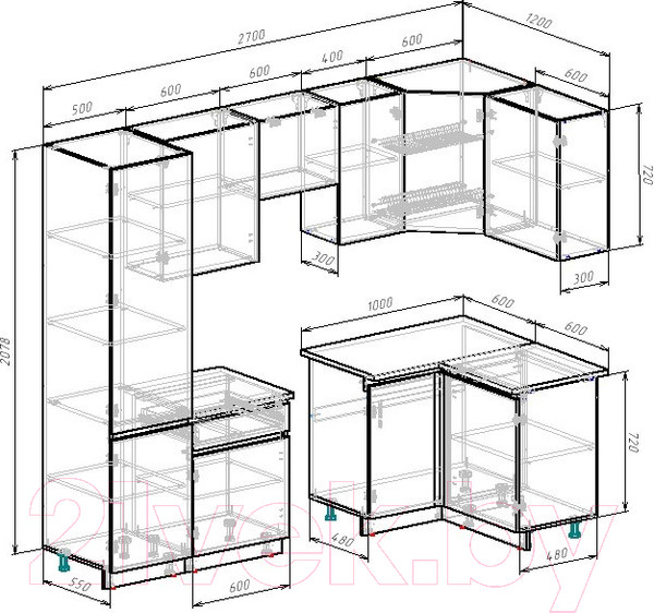 Изображение товара Кухонный гарнитур ВерсоМебель Эко-8 1.2x2.7 правая (сумеречный голубой/дуб гранж песочный/ст.альберика)