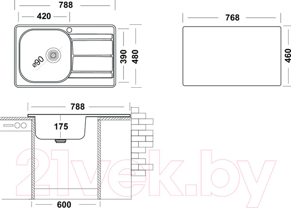 Изображение товара Мойка кухонная Ukinox Спектр SPM788.480 GT6K 1R