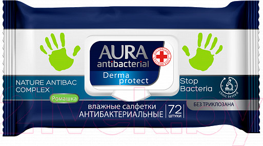 Изображение товара Влажные салфетки Aura Derma Protect Антибактериальные Ромашка (72шт)