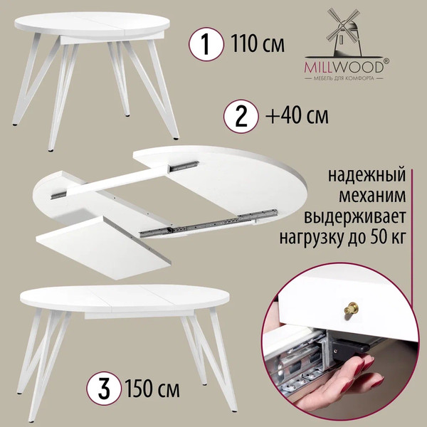 Изображение товара Обеденный стол Millwood Женева 3 D раздвижной D110-150x110x76.4 (белый/металл белый)