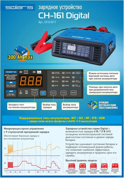 Изображение товара Пуско-зарядное устройство Solaris Digital CH-161 CH161D11