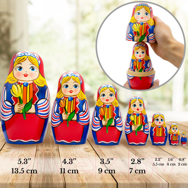 Изображение товара Матрешка сувенирная Брестская Фабрика Сувениров В голандском традиционном костюме с тюльпанами 7025