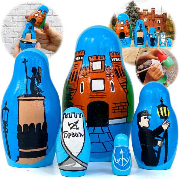 Изображение товара Матрешка сувенирная Брестская Фабрика Сувениров Достопримечательности Бреста на синем фоне 5177bl