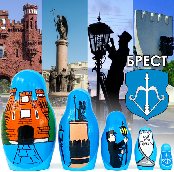 Изображение товара Матрешка сувенирная Брестская Фабрика Сувениров Достопримечательности Бреста на синем фоне 5177bl