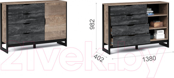 Изображение товара Тумба Империал Стокгольм 1д 4ящ (дуб гранж песочный/железный камень)