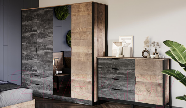 Изображение товара Тумба Империал Стокгольм 1д 4ящ (дуб гранж песочный/железный камень)