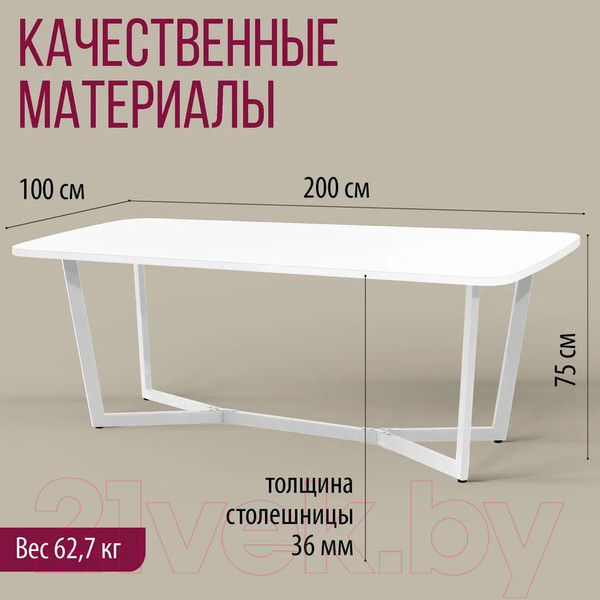 Изображение товара Обеденный стол Millwood Лофт Мюнхен 200x100x75 (белый/металл белый)