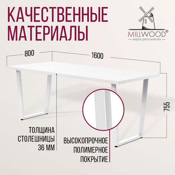 Изображение товара Обеденный стол Millwood Лофт Уэльс Л 160x80x75 (белый/металл белый)